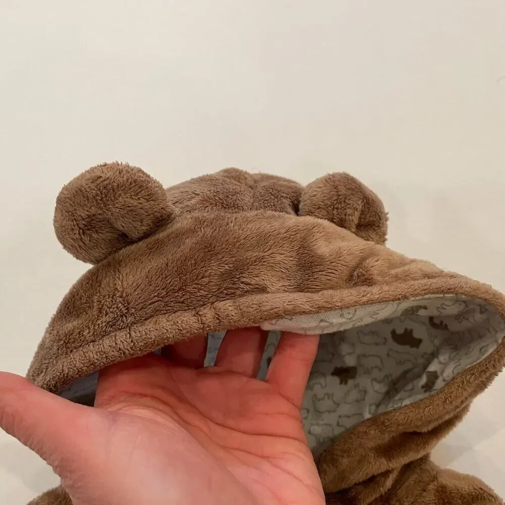 Unisex Brown Bear Fleece Outerwear, Bunting, One-Piece, Hooded Romper 6-9 Mos.